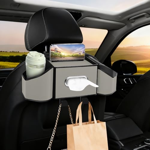 7-In-1 Car Seat Back Organizer with Cup Holders, Tissue Box, Garbage Can&Hooks, Multifunctional Headrest Storage Organizer, Headrest Cup Holder for Backseat, Car Accessories for Trips, Travels(Gray) - color: Gray