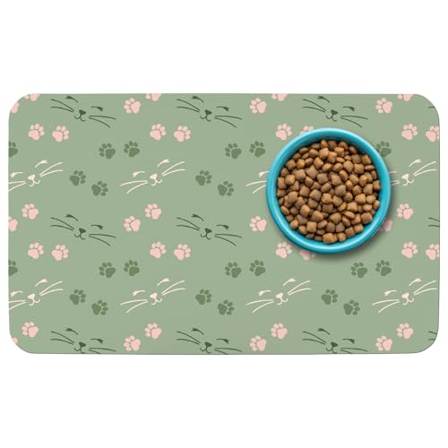 Patterned Cat & Dog Bowl Mat for Food and Water, 12"×20" Quick Dry Absorbent Pet Feeding Mat, Eco-Friendly Dog Placemat - color: Light Green-catpaw, size: Small (12" x 20")