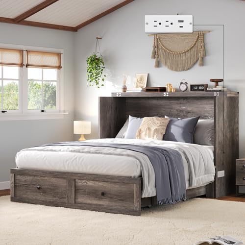 LUXOAK Full Murphy Bed Cabinet with Charging Station, Foldable Platform Bed Frame with Drawer, Space-Saving Guest Bed for Home Office or Small Spaces, Rustic Grey - color: Rustic Grey, size: Full