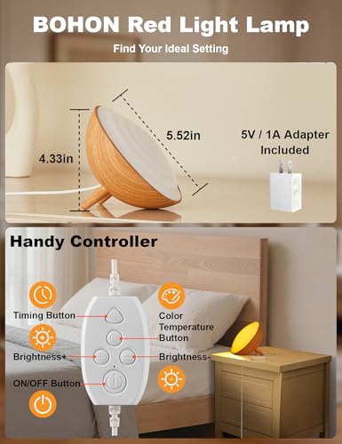 BOHON Red Light Night Light with Timer, 3 Color Modes 10 Brightness Dimmer Red Light Reading Light, 660nm Red Night Lights for Sleep Bedroom Nursery Room Home, Memory Function, Wood-Grain - color: Wood-grain