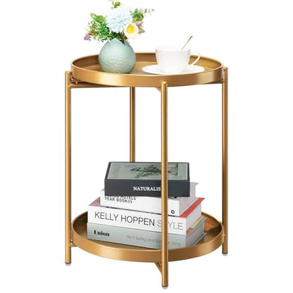 danpinera 2-Tier End Table, Outdoor Side Table Metal Round Side Table with Removable Tray, Small Folding Accent Table, Anti-Rust Nightstand for Bedroom Balcony Patio Living Room (Gold) - color: Gold