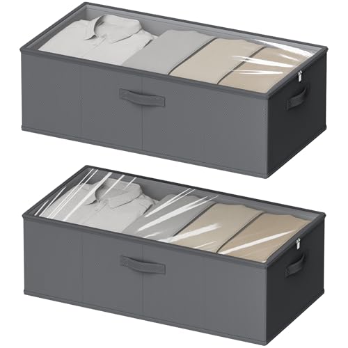 2 Pack Under Bed Storage Containers, 10 Inch Tall Underbed Clothes Storage Organizer Bin with Clear Window，Foldable Box Basket for Clothes, Closet, Bed Sheets and Blankets Gray - color: Gray