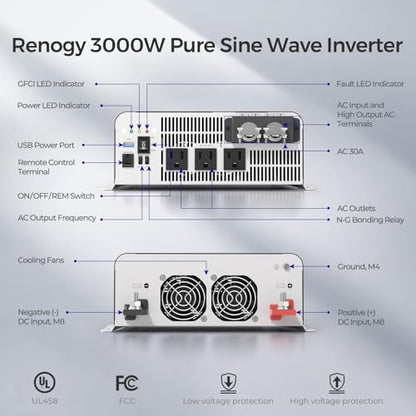 Renogy Inverter PUH, 3000W Pure Sine Wave Power Inverter with UPS Transfer Switch & Bluetooth, 12V DC to 120V AC Converter for RV, Truck, Home,Camping - 6000W Surge Power, Remote Monitoring - size: 3000W(Built-in BT & ATS)