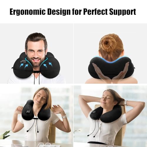 Inflatable Travel Neck Pillow for Airplanes, Super Soft Velvet Neck Support, Adjustable Firmness, Blow Up Plane Pillow for Long Flights, Road Trips, Travel Essentials with Eye Mask, Earplug - color: Black