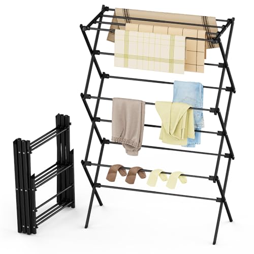 Drying Rack Clothing, 3-Tier Clothes Drying Rack Foldable, Antirust Laundry Drying Rack Collapsible Use for Indoor & Outdoor, 11.8" D x 34.6" W x 35.4" H, Black - color: Black