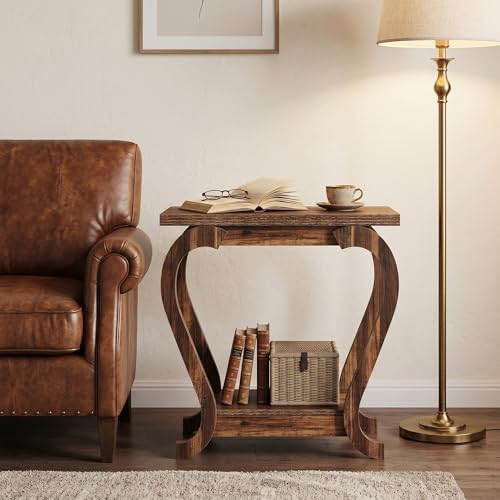 Tribesigns Narrow End Table with Storage, 2-Tier Wooden Side Table for Small Spaces, Slim Nightstand Bedside Table for Living Room & Bedroom, Rustic Brown, 23.6 Inch (1, Rustic Brown) - color: Rustic Brown