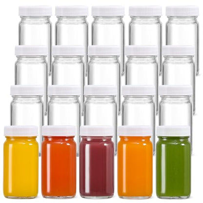 20 Pack 2 oz Glass Shot Bottles w/ White Lids & 20 Labels - Small Clear Jar for Ginger, Wellness Shot, Juice, Sample, Whiskey - Travel Essentials Mini Bottles - Wide Mouth, Leakproof, Dishwasher Safe - color: White Lid, size: 20 Pack