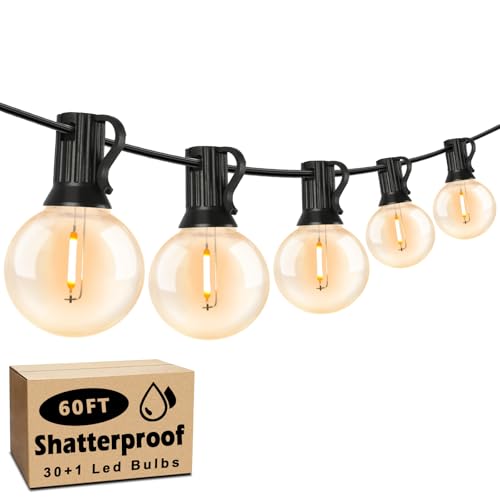 60FT Outdoor String Lights Waterproof, Bright 2700K LED Patio Lights String with 30+1 G40 Shatterproof Globe Bulbs, Connectable Edison String Lights for Outside, Garden, Balcony, Porch - size: 60FT