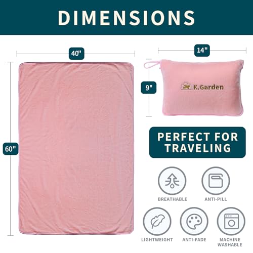 K.Garden Travel Throw Blanket Pillow, Pink | 2 in 1, Soft, Compact, Luggage Backpack Strap, Airplane Flight Essentials