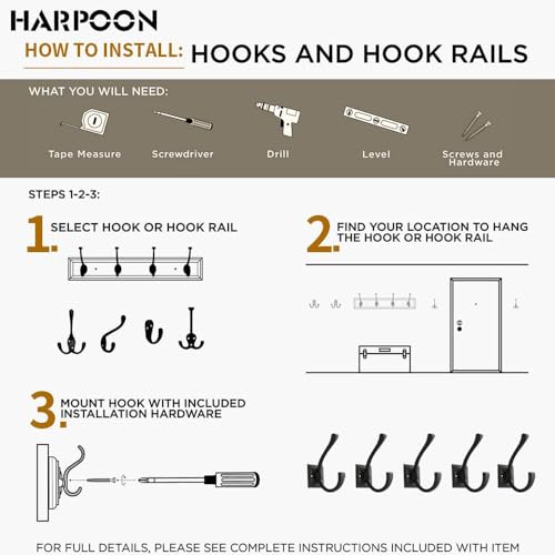 HARPOON 5 Pcs Prong Hook, Heavy Duty Two Flared Coat Hooks,Wall Mounted with 4 Screws,Utility Hooks for Scarf, Bag, Towel, Key, Cap, Cup, Hat - Matte Black - color: Matte Black