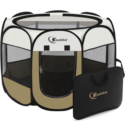 Siedihit Dog Cat Playpen, Medium Puppy Pet Playpen, Dog Crate Tent Cage Indoor/Outdoor, Portable Pop Up Dogs Kennel Playpen with Carrying Case for Dogs/Cats/Rabbits (Khaki,Medium) - color: Khaki