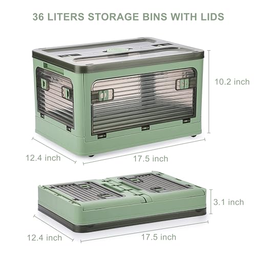 2 Pack Plastic 4 Doors Collapsible Storage Bins with Lid & Wheels, 36 Liters Folding Storage Bins, Stackable Multifunctional Box for Camping Clothes Snack Storage