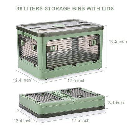 2 Pack Plastic 4 Doors Collapsible Storage Bins with Lid & Wheels, 36 Liters Folding Storage Bins, Stackable Multifunctional Box for Camping Clothes Snack Storage