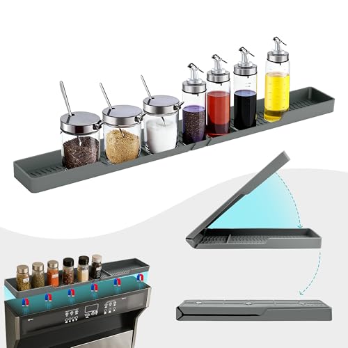 Silicone Over The Stove Shelf, 30 Inch Magnetic Stove Top Organizer - No Drill Space Saving Storage Rack for Spices & Kitchen Utensils, Perfect for Small Kitchen & Apartments (Grey) - color: Grey