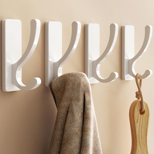 pickpiff Adhesive Wall Hooks for Towels - Sticky Hook Hanging Heavy Duty (13lb), Hanger for Door, Bathroom, Dorm, Closet - for Coats, Purse, Bag, Robe - No Damage to Wall - White 4 Pack - color: White, size: 4 Pack