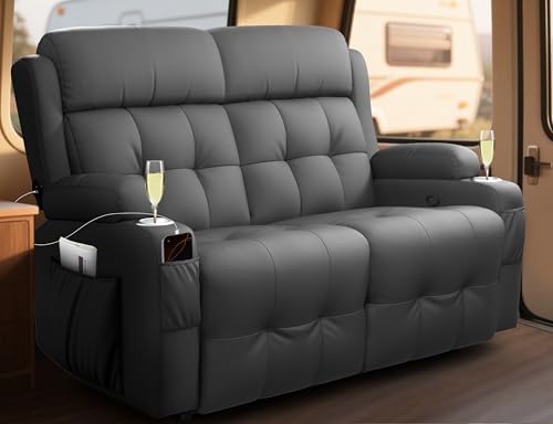 RV Loveseat Recliner Sofa, Wall Hugger Recliners with USB, Cup Holders & Storage Pockets, Pebble Texture Reclining Couch, 150° Manual Sleeper Sofa for RV Furniture & Home Theater Seating - color: Pebbled Dark Gray, size: Loveseat-G1