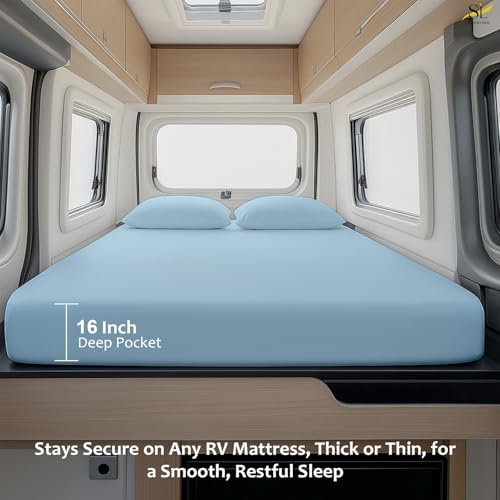 Shreem Linen Luxury 4 Piece Microfiber RV Sheet Set, Deep Pocket Fits Up to 10 inch, Soft, Wrinkle-Resistant, Camper, Travel Trailer Bedding, Camper Queen 60x80, Light Blue - color: Light Blue, size: Camper Queen - 60x80