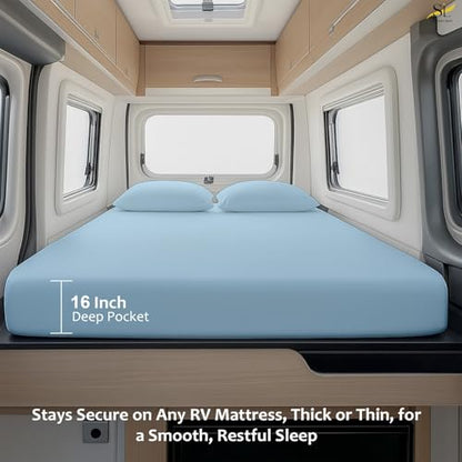 Shreem Linen Luxury 4 Piece Microfiber RV Sheet Set, Deep Pocket Fits Up to 10 inch, Soft, Wrinkle-Resistant, Camper, Travel Trailer Bedding, RV Full XL 48x80, Light Blue - color: Light Blue, size: RV Full XL - 48x80