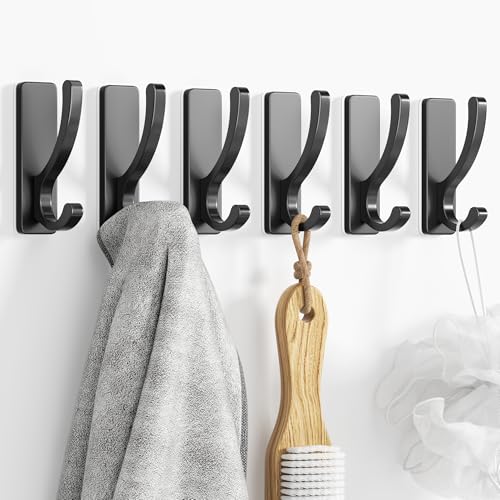 pickpiff Adhesive Wall Hooks for Towels - Sticky Hook Hanging Heavy Duty (13lb), Hanger for Door, Bathroom, Dorm, Closet - for Coats, Purse, Bag, Robe - No Damage to Wall - Black 6 Pack - color: Black, size: 6 Pack