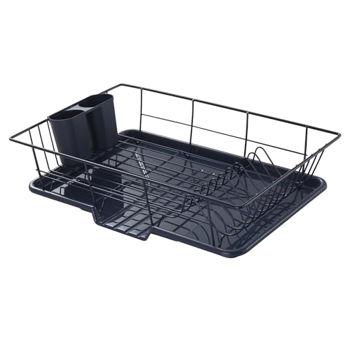 Sweet Home Collection Space-Saving 3-Piece Dish Drainer Rack Set: Efficient Kitchen Organizer for Quick Drying and Storage - Includes Cutlery Holder and Drainboard - Maximize Countertop Space, Navy - color: Navy