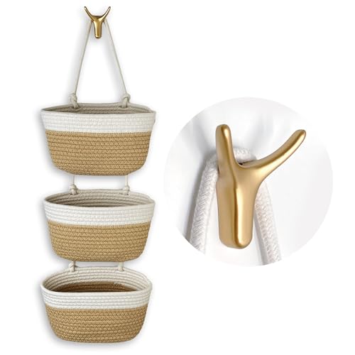 3-Tier Decorative Cotton Rope Hanging Basket, Wall-Mounted Woven Storage Organizer Bag, White + Jute - color: White+Jute