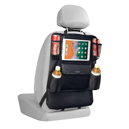 LUCMO Car Backseat Organizer with Touch Screen Tablet Holder,9 Storage Pockets Protectors Kick Mats Travel Accessories for Kids-Black - color: Stealth Black, size: 1 Pack
