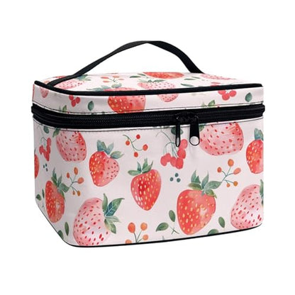 Comestic Bag for Women Strawberry Printed Makeup Brush Bag Exquisite Portable Travel Case for Toiletries Skin-Care Products with Versatile Uses - color: Strawberry