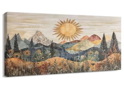 Boho Mountain Canvas Wall Art Wildflower Mountain Landscape Wall Decor Woodland Sunrise Poster Bohemian Forest Sunset Prints Painting Picture for Living Room Bedroom Office Ready to Hang 8x16in - size: 8"L x 16"W