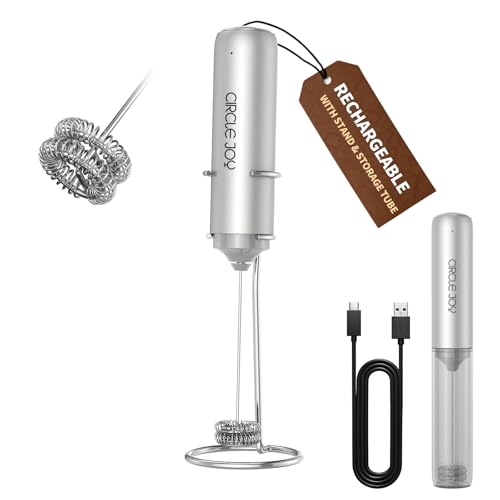 CIRCLE JOY Rechargeable Milk Frother Handheld with Stand,Dual Spring Whisk Electric Coffee Frother Wand, Portable Hand Frother Drink Mixer for Matcha Lattes Cappuccino, Coffee Lover Gift, Silver - color: Stand & Storage Cover Silver, size: Rechargeable