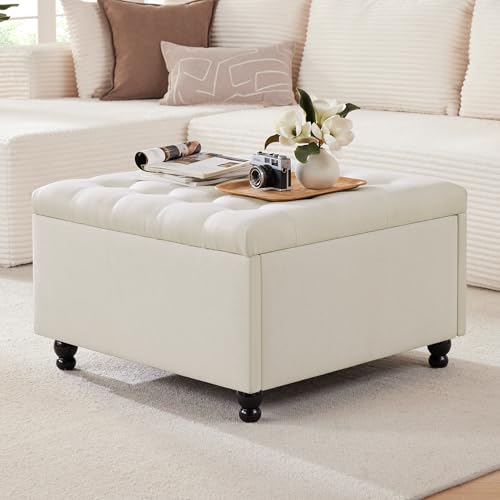 Weture 30 Inch Large Square Storage Ottoman Coffee Table, Oversized Square Ottoman with Storage, Tufted Upholstered Coffee Tables for Living Room (Fabric, Beige) - color: Beige