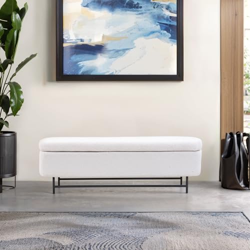 56" Boucle Storage Bench for Bedroom, Upholstered Teddy Ottoman Bench, Modern Extra Long Storage Bench for End of Bed/Entryway/Livingroom/Window (Beige) - color: Beige, size: 17.7"D x 56"W x 18.5"H