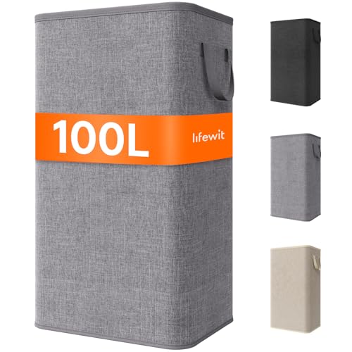 Lifewit 100L Large Tall Laundry Hamper, Collapsible Laundry Basket with Handles, Foldable Clothes Hampers for Laundry, Portable Dirty Clothes Hamper for Dorm College Bedroom Bathroom, Light Gray - color: Light Gray, size: 100L