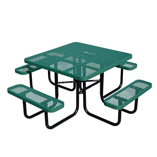 46'' Square Metal Picnic Table for Outdoors, Commercial Steel Metal Picnic Tables, Heavy Duty Sturdy Picnic Tables Furniture Set for Patio Garden Courtyard BBQ, with Umbrella Hole, Green - color: Green, size: 46in Square