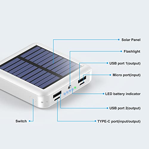 Solar Portable Charger 12000mAh, Small Solar Power Bank, USB C Input/Output External Battery with Built-in 4 Cables, Two-Hand Flashlight, Suitable for iPhone, Tablet Computers and Samsung - color: white