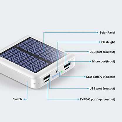 Solar Portable Charger 12000mAh, Small Solar Power Bank, USB C Input/Output External Battery with Built-in 4 Cables, Two-Hand Flashlight, Suitable for iPhone, Tablet Computers and Samsung - color: white