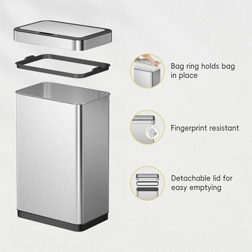 EKO EcoNova 13.2 Gallon/ 50L Automatic Sensor Kitchen Trash Can, Stainless Steel Touchless Garbage Bin with Soft-Close &Stay-Open Lid, Fingerprint-Resistant - size: Nova 50L- Stainless Steel