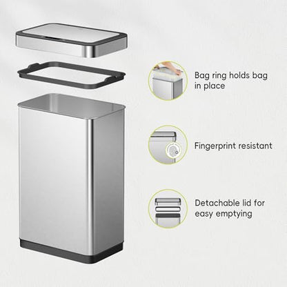EKO EcoNova 13.2 Gallon/ 50L Automatic Sensor Kitchen Trash Can, Stainless Steel Touchless Garbage Bin with Soft-Close &Stay-Open Lid, Fingerprint-Resistant - size: Nova 50L- Stainless Steel