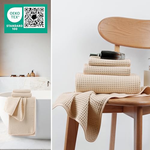 MICROFI New Microfiber Waffle Bath Towels, 3 Pieces, Oversized, Soft, Absorbent, Fast Drying, Lint Free, Includes Bath, Face and Hand Towels 430 GSM (Champagne) - color: Champagne
