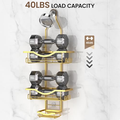 Shower Caddy Hanging Adjustable Shower Caddy, Rustproof Shower Organizer Extended Length Showers Caddy Over Shower Head with Hooks Soap Holder, Large Capacity Anti-Swing Bathroom Organizer, Gold - color: Gold