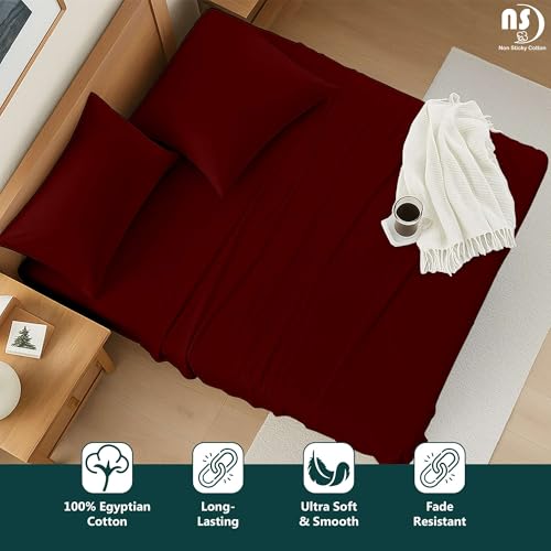 NON Sticky cotton 4 Piece Premium Egyptian Cotton Full Bed Sheet Set, 15" Deep Pocket Fitted, Easy Care, Soft Sheets for Bedroom and Home Mattress, 54" x 75", Burgundy Solid - color: Burgundy Solid, size: Full