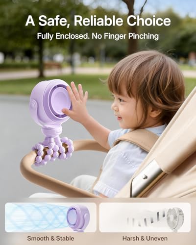 SWEETFULL Portable Stroller Fan, Pinch-Proof Baby Fan, 5-Speed Quiet Mini Clip on Fan, USB-C Rechargeable Battery, LED Display for Car Seat, Crib & Travel - Purple - color: Purple