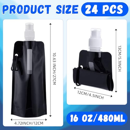 Teenyyou 24 Pack Collapsible Water Bottles Bulk 16oz Foldable Water Bottles with Carabiner Reusable Drinking Leak Proof Container Bags for Sport Biking Hiking Camping Travel Outdoor (Black) - color: Black