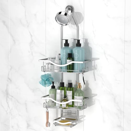 Shower Caddy Hanging Adjustable Shower Caddy, Rustproof Shower Organizer Extended Length Showers Caddy Over Shower Head with Hooks Soap Holder, Large Capacity Anti-Swing Bathroom Organizer, Silver - color: Silver