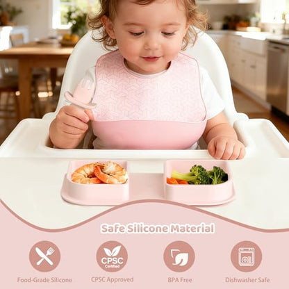 Pink Silicone Foldable Baby Feeding Set, Baby Travel Essential Including Toddler Plates, Spoon&Fork, Adjustable Foldable Bib, Portable Infant Toddler Utensils - color: Pink