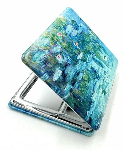 Small Handbag Monet Compact Mirror - Folding Pu Leather, Unique Water Lilies Travel Mirror for Sister - color: Water Lilies Square