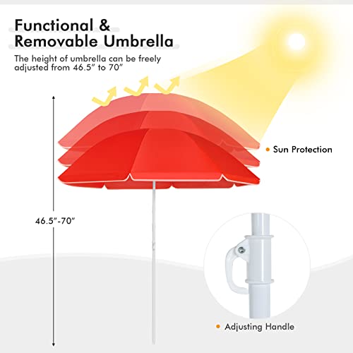 Goplus Double Camping Chair with Umbrella, Folding Loveseat Chairs w/Canopy Shade, Carrying Bag, Table, Cup Holder, Portable Beach Chairs Outdoor Picnic Patio (Red) - color: Red