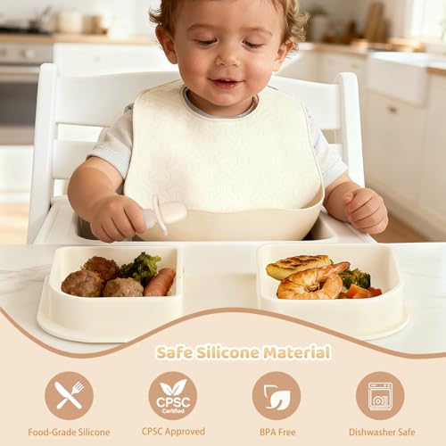 Beige Travel Silicone Foldable Feeding Set, On-the-Go Baby Feeding Supplies Including Toddler Plates, Silicone Baby Spoon&Fork, Adjustable Foldable Bib, Portable Infant Toddler Utensils - color: Beige