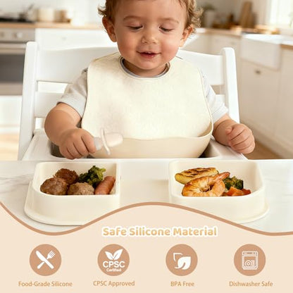Beige Travel Silicone Foldable Feeding Set, On-the-Go Baby Feeding Supplies Including Toddler Plates, Silicone Baby Spoon&Fork, Adjustable Foldable Bib, Portable Infant Toddler Utensils - color: Beige