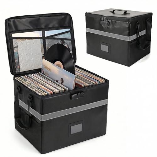 Calenzana Vinyl Record Storage Box with Lock, Fireproof Water Resistant Record Organizer for 150+ Single Records 12-inch, Collapsible Crate Box for Valuable Album, 16.7'' x 13.2'' x 13.4'' - style: Record Box