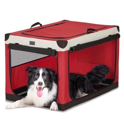 PETSFIT 36" Soft Portable Dog Crate – Patented Spiral Sturdy Frame, Collapsible Travel Kennel for Medium & Large Dogs, 3 Mesh Door, Lockable Zippers, Indoor & Car Use Red - color: Red, size: 36.0"L x 24.0"W x 23.0"H